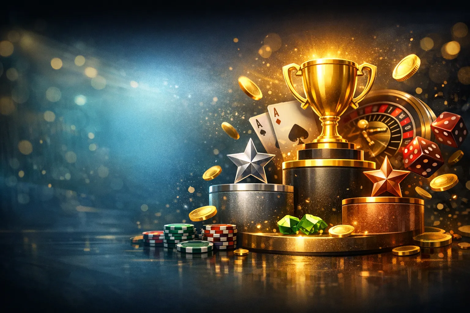 Cinematic iGaming hero image with golden podium ranking motif, glowing neon accents and premium casino aesthetic for BC Game 